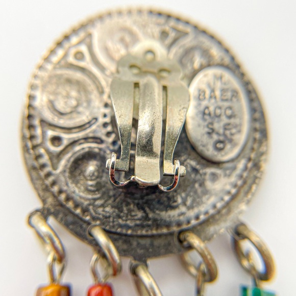 Vintage M. Baer 1980’s Silver Tone Stone Bead Dangle Clip On Earrings w Circle - Picture 8 of 10